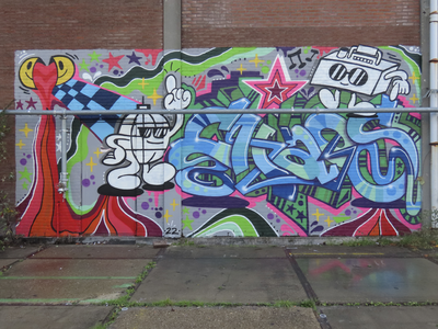 902765 Afbeelding van een graffitikunstwerk op het terrein tussen het gebouw van de Stadsbrug (multifunctionele ruimte, ...